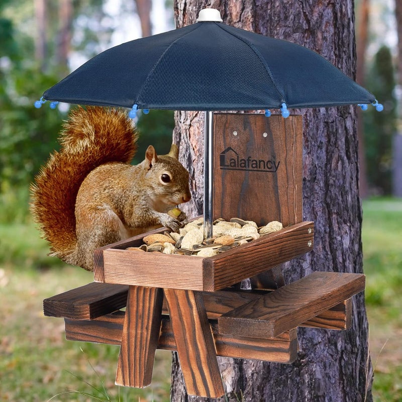 Lalafancy Squirrel Feeder Picnic Table with Umbrella, Carbonized Wood Squirrel Feeder for Outside Funny Chipmunk Feeder with Corn Cob Holder Structure Solid for Squirrel Gift - Image 2